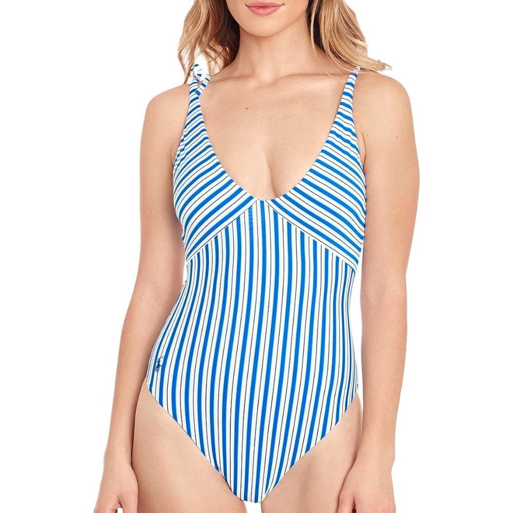 NWT Polo Ralph Lauren Women's Coastal Stripe Over Shoulder Splice One-Piece S